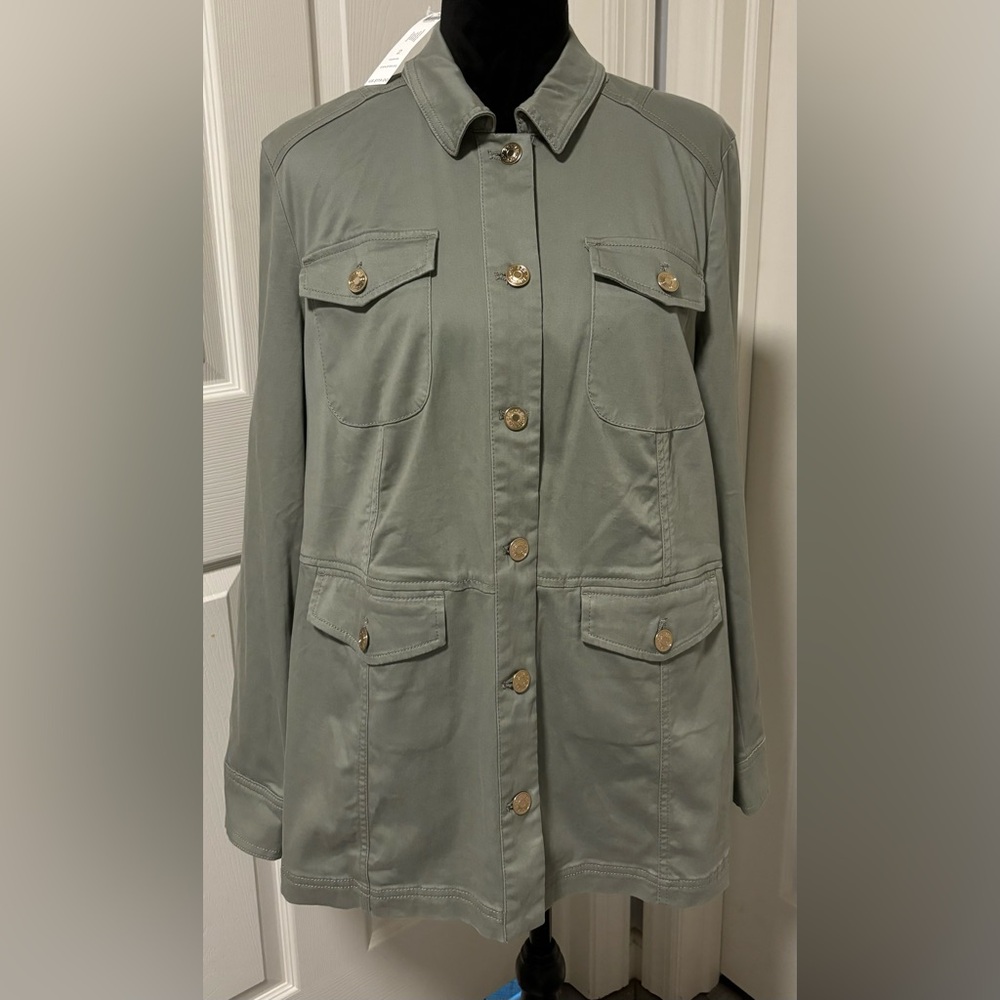 NWT Chico’s Elongated Sateen Utility Jacket Olive Green Military Safari Field - Picture 2 of 12